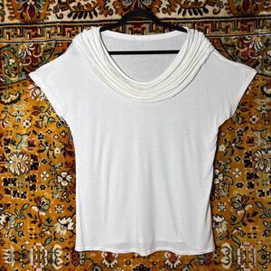 VTG 100% Rayon Ethereal Sheer White T-Shirt Ruffle Collar L/XL